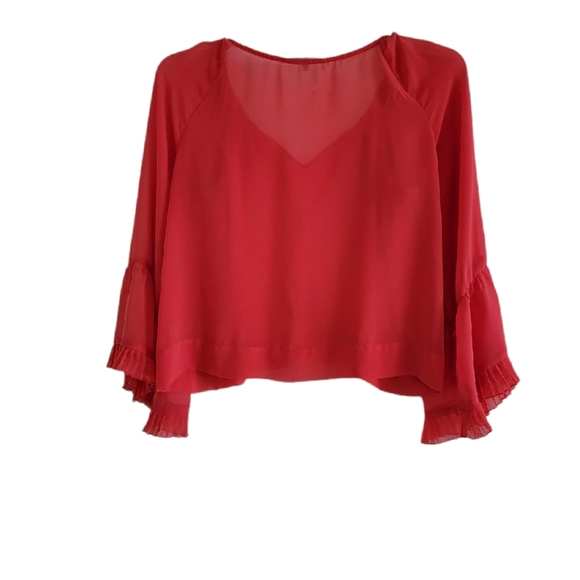 Wendy Katlen Sheer Orange Blouse With Flared Ruffled Sleeves Size Medium - Picture 2 of 11